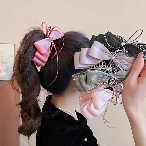 Pinza De Pelo De Plátano Con Lazo De Doble Capa De Satén Circonita Estrella Elegante Retro Color Sólido Accesorio Para Mujeres
