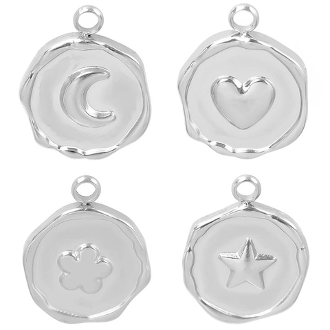 Irregular Round Pendant Stainless Steel Moon Heart Star Flower Motif Vintage Style DIY Jewelry Accessory Gold Plated