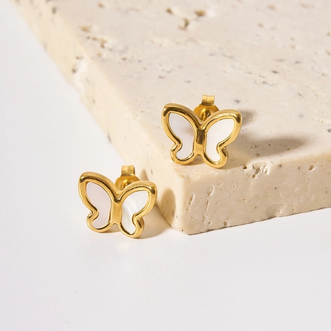 Butterfly Stud Earrings Stainless Steel 18K Gold Plated Natural White Shell Mother Of Artificial Pearl Inlaid Women Jewelry
