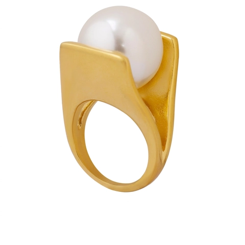 Geometrischer Statement Ring Edelstahl 18K Vergoldet Große Künstliche Perlenimitation Überdimensionierter Moderner Schmuck Für Damen