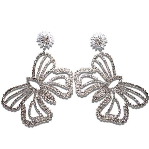 Exaggerated Alloy Rhinestone Butterfly Flower Drop Earrings For Women Western Style Extra Long Hollow Out Statement Jewelry Gift