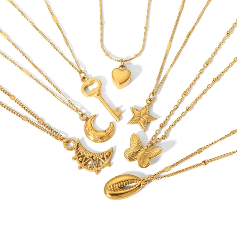 Collier Pendentif Lune Étoile Cœur Coquille Papillon Clé en Acier Inoxydable Plaqué Or 18K pour Femme Bijoux de Mode Minimaliste