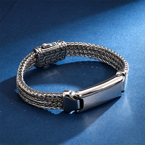 Vintage Men Braided Dragon Bone Chain Bracelet Stainless Steel Multi-Layer Wire Jewelry Geometric Pattern Buckle Retro Gift