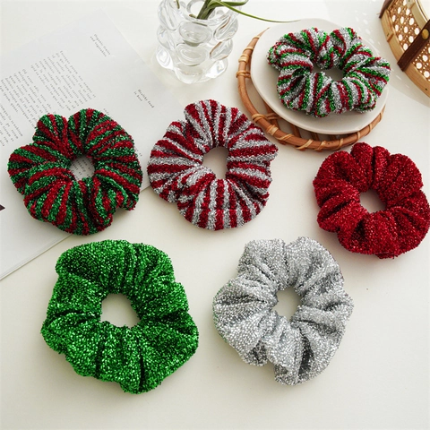 Christmas Scrunchies Hair Ties Metallic Sparkling Glitter Striped Red Green Silver Polyester High Elasticity Party For Women