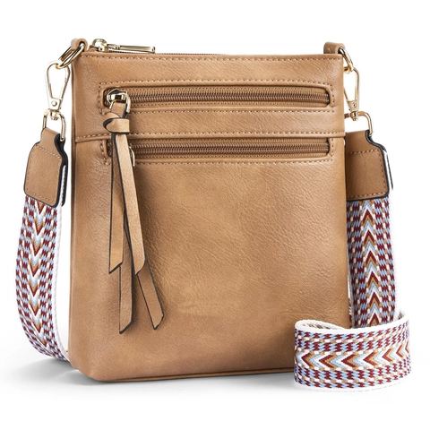 Women PU Leather Crossbody Bag Multi Zipper Pockets Wide Geometric Strap Retro Bohemian Tassel Shoulder Messenger