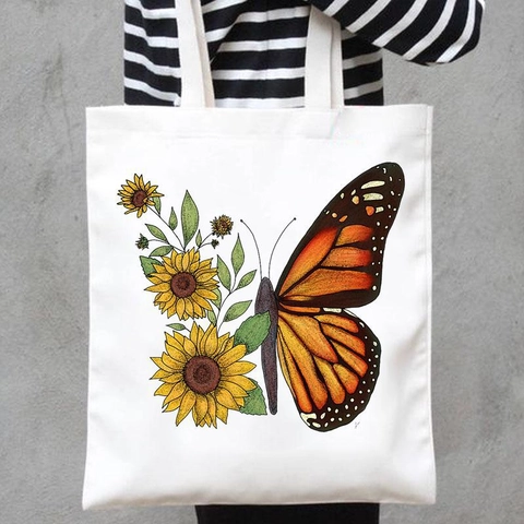 Women's Cute Butterfly Printed Canvas Tote Bag Eco Friendly Reusable Shopping Handbag For Casual Daily Travel Beach