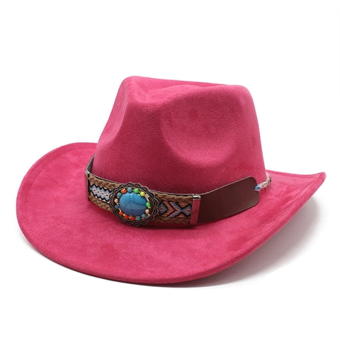 Chapeau De Cow-Boy Western Suédine Large Bord Turquoise Bande Tissée Ethnique Rétro Bohème Fedora Homme Femme