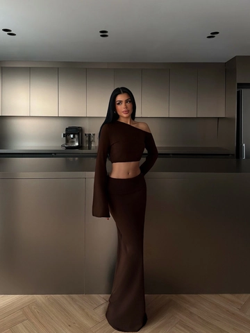 Donne Sexy Maglia A Coste Spalla Obliqua Top Corto Maniche Lunghe E Gonna Midi Vita Alta Cotone Poliestere Marrone Streetwear