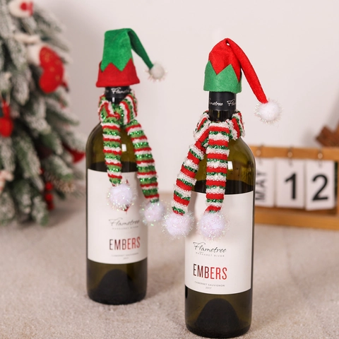 Christmas Wine Bottle Decoration Mini Elf Hat And Striped Scarf Knit Velvet Holiday Festive Party Table Decor