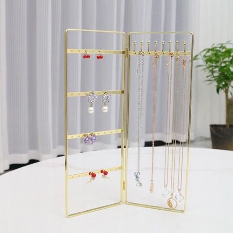 Metal Jewelry Display Stand Folding Screen Earring Organizer Gold Iron Rack For Studs Necklace Storage Countertop