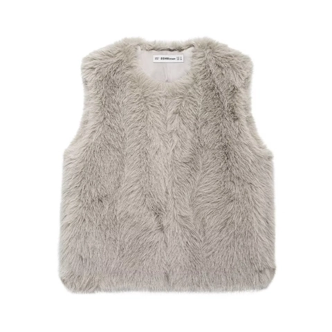 Women Faux Fur Vest Elegant Round Neck Sleeveless Solid Grey Winter Outerwear Warm Gilet With Concealed Buttons