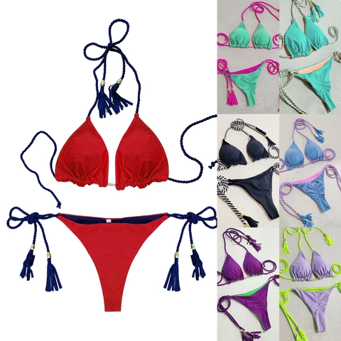 Women Sexy Bikini Contrast Color Braided Straps Tassel Gold Metal Hardware Beachwear Swimsuit Top And Bottom