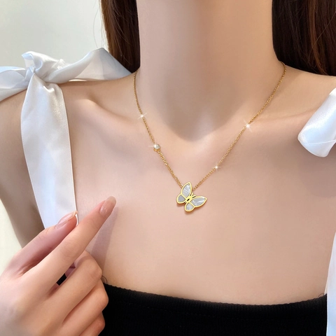 Collar Con Colgante De Mariposa Acero De Titanio Chapado En Oro Nácar Concha Circón Joyería Minimalista Para Mujer