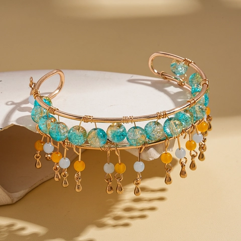 Bohemian Offener Armreif Mit Craquelé Glasperlen Und Acryl Quasten Wassertropfen Anhängern Goldton Retro Schmuck