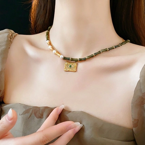 Vintage Green Bamboo Joint Beaded Necklace Faux Artificial Pearl Evil Eye Rectangular Pendant Titanium Steel Copper For Women