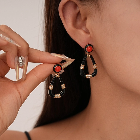 Vintage Teardrop Dangle Earrings With Silver Earring Post Alloy Resin Zircon Red Black Elegant Jewelry For Women