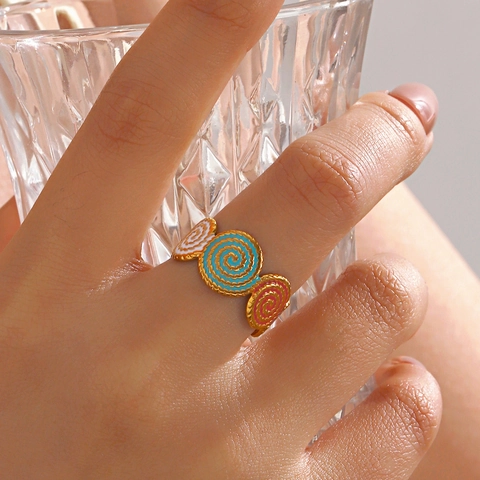 Edelstahl Ring Bunte Emaille Spiralstruktur Offen Verstellbar Mode Vergoldeter Schmuck Für Damen