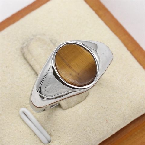 Oval Gemstone Signet Ring Stainless Steel Vintage Unisex Jewelry Tiger Eye Lapis Lazuli Turquoise Black Agate