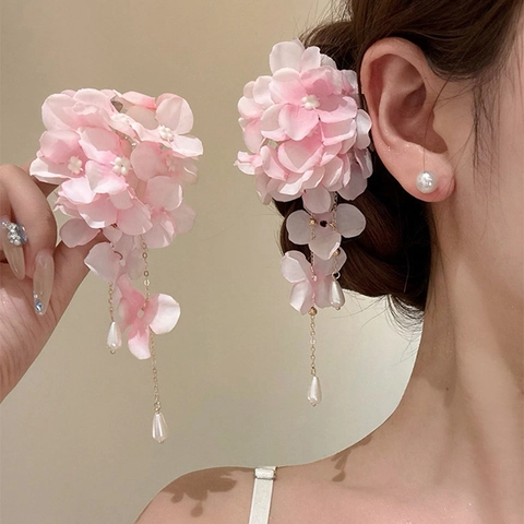 Molletta Per Capelli Fiore In Tessuto Con Nappina E Perla Artificial Imitazione Goccia D'acqua Elegante Dolce Rosa Per Donne