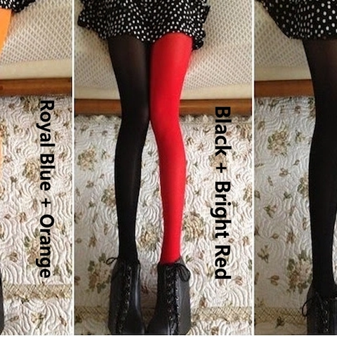 Damen Samt Asymmetrische Zweifarbige Strumpfhosen Kontrastfarbe Patchwork Personalisierte Strümpfe Für Cosplay Party Alltag