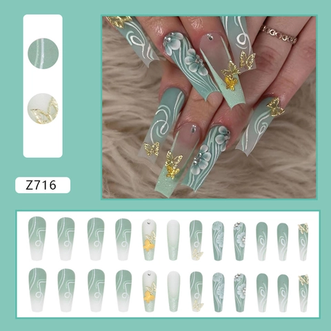 Faux Ongles Coffin Dégradé Vert Matcha Avec Fleurs 3D Et Papillon Doré Alliage Strass Style Français