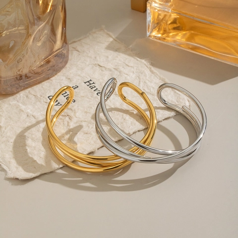 Cuff Bracelet For Women Multi Layer Overlapping Line Geometric 304 Stainless Steel Minimalist Waterproof Hypoallergenic Jewelry