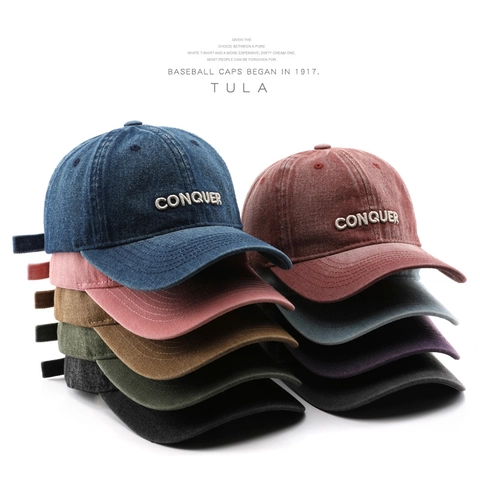 Conquer Letter Embroidery Baseball Cap Washed Denim Vintage Retro Distressed Adjustable Sun Hat For Men Women
