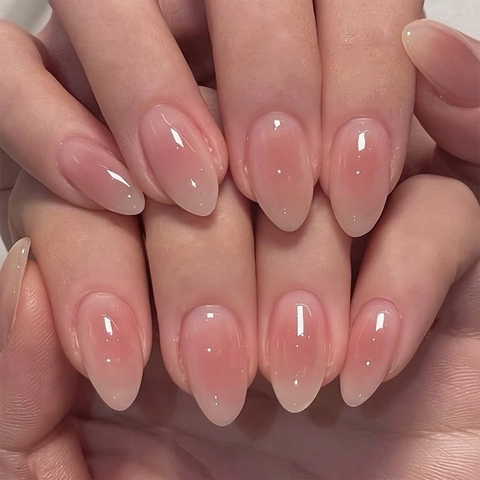 Press On Nägel Mandelform Blush Pink Farbverlauf Jelly Glänzend Vollcover Künstliche Fingernägel Für Damen Schlicht