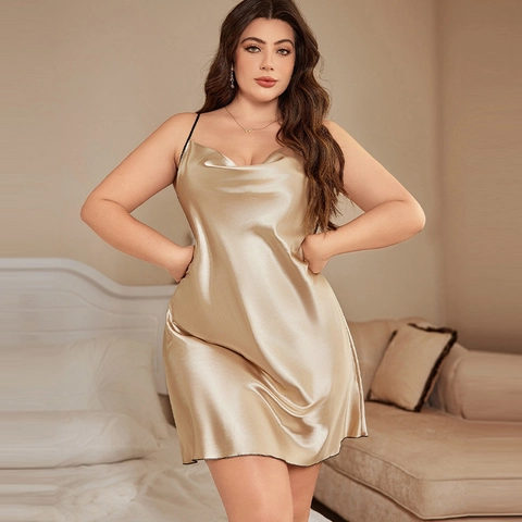 Plus Size Women Nightgown Imitation Satin Satin Cowl Neck Backless Sexy Sleepwear Butterfly Lace Embroidery Slip Dress