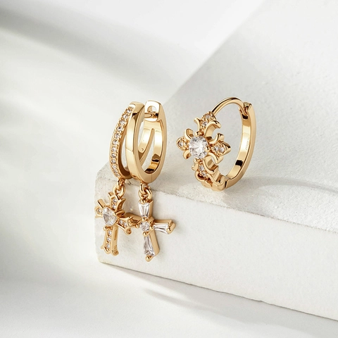 Vintage Cross Pendant Hoop Earrings Copper With Zircon Inlaid Gothic Style Gold Plated Huggie Ear Cuffs For Women