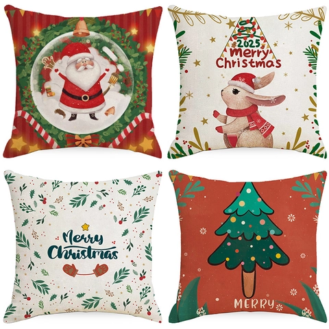 Kerst Kussenhoes Linnen Cartoon Kerstman Konijn Boom Afdrukken Vierkante Decoratieve Kussensloop Voor Bank Woonkamer
