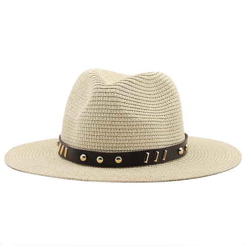 Sombrero Fedora De Paja Ala Ancha Protección Solar Verano Playa Vacaciones Retro Banda Cuero Remaches