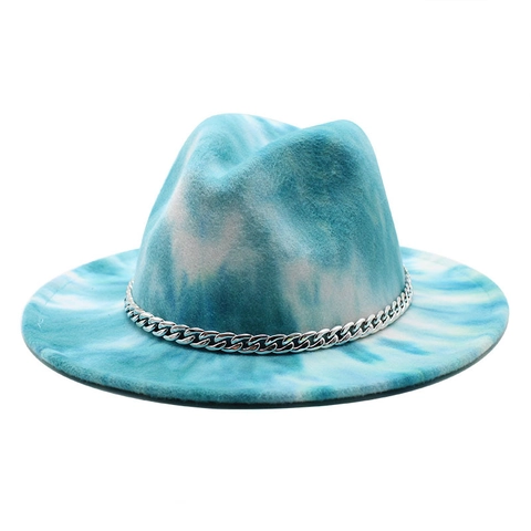 Tie Dye Breedgerande Fedora Hoed Katoen Polyester Vilt Decoratieve Metalen Ketting Mode Jazz Cap Unisex