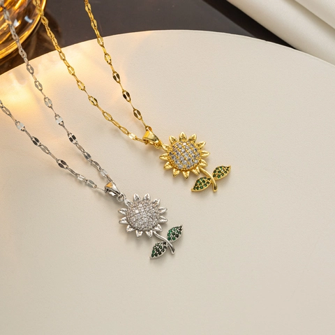 Collana Con Ciondolo A Girasole Acciaio Al Titanio Zircone Incastonato Pietra Verde Foglia Gioielli Minimalisti Donna