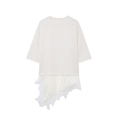Women Short Sleeve T-Shirt Round Neck Spliced Lace Hem Asymmetric Irregular Casual Loose Top Elegant Summer Chic