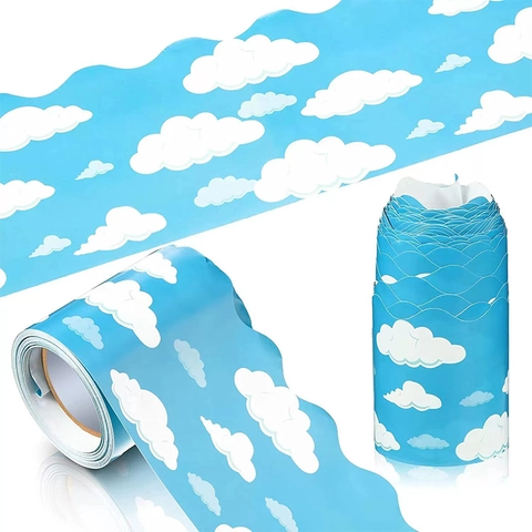 Bulletin Board Border Stickers Blue Sky White Clouds Waterproof Scalloped Edge Decorative Trim For Classroom Office