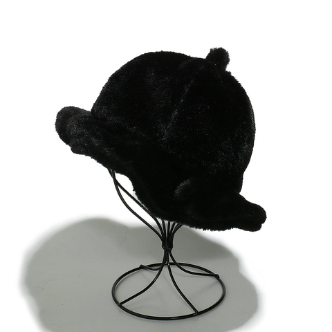 Winter Plush Faux Fur Bucket Hat Warm Windproof Pom Pom Wavy Brim Solid Color Basin Hat For Women Chic Elegant