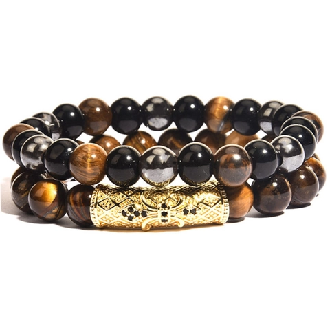 Pulsera De Cuentas De Piedra Ágata Ojo De Tigre Natural Cobre Micro Pavé Zircón Joyería Elástica De Lujo Para Hombres Mujeres