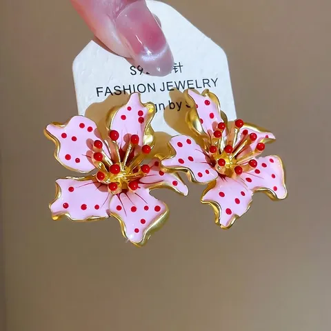 Boucles D'oreilles Fleurs Avec Tige En Argent Sterling 925 Émail Rose Pois Rouges Bijoux En Alliage Rétro Élégants Pour Femmes