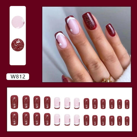 Christmas Press On Nails Red Glitter Medium Square Shape With Santa Hat Design Sweet Holiday Party Fake Nails For Women
