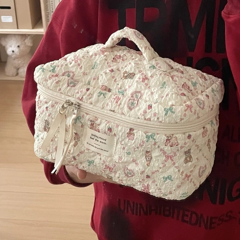 Borsa Trucco In Cotone Trapuntato Stampa Orso Floreale Pochette Da Toilette Organizzatore Da Viaggio Portatile