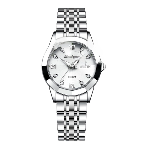 Women Quartz Watch Stainless Steel Band Waterproof Luminous Date Week Display Rhinestone Roman Numerals Elegant Business