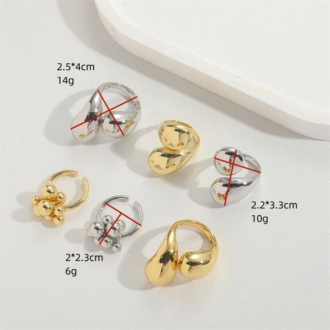 French Retro Minimalist Copper Ring Adjustable Opening Fluid Metal Water Drop Cluster Beads Vintage Jewelry For Women