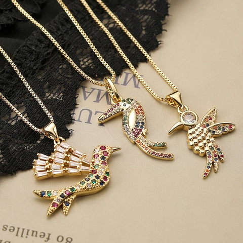 Specht Vogel Anhänger Halskette Kupfer 18K Vergoldet Bunte Zirkonia Mode Tier Schmuck Für Frauen