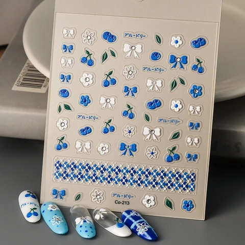 5D Embossed Nail Art Stickers Klein Blue Bow Cherry Blueberry Flower Waterproof Decorative Decals Manicure Accessory