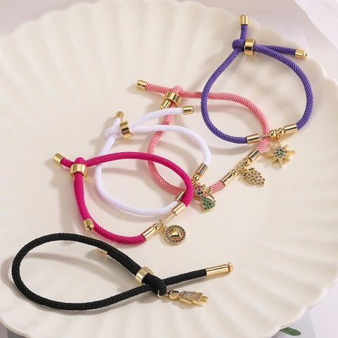 Verstelbare Gevlochten Touwarmband Koper Verguld Kleurrijke Zirkoon Geometrische Hanger Sieraden Cadeau Voor Vrouwen