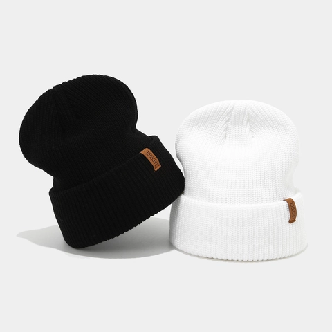 Knitted Beanie Hat Acrylic Cuffed Ribbed With Leather Patch Winter Warm Outdoor Windproof Unisex Skull Cap