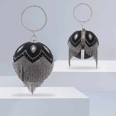 Elegant Sphere Evening Handbag Artificial Pearl Rhinestone Tassel Fringe Luxury Party Clutch Round Ring Handle Metal Frame