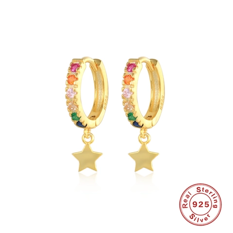 925 Sterling Silver Star Pendant Hoop Earrings With Colored Zirconia Simple Fashion Ins Style Ear Buckle Jewelry For Women