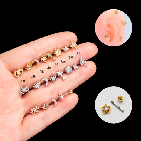Stainless Steel Stud Earrings Star Moon Cubic Zirconia Piercing Jewelry Cartilage Ear Bone Screw Ball Back For Women